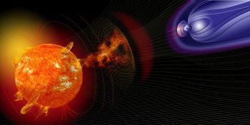 An artist’s illustration shows activity from the sun contributing to space weather conditions that can ultimately affect Earth and its infrastructure. (NASA Courtesy Illustration)